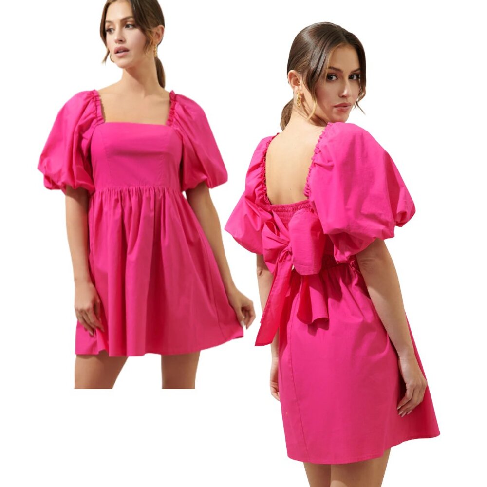 Puff Sleeve - Babydoll Mini Dress - Bow - PINK